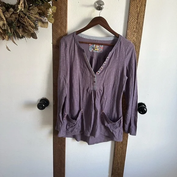 Anthropologie Little Yellow Button Calantha Tee Purple Pocket Long Sleeve Small - Picture 2 of 11